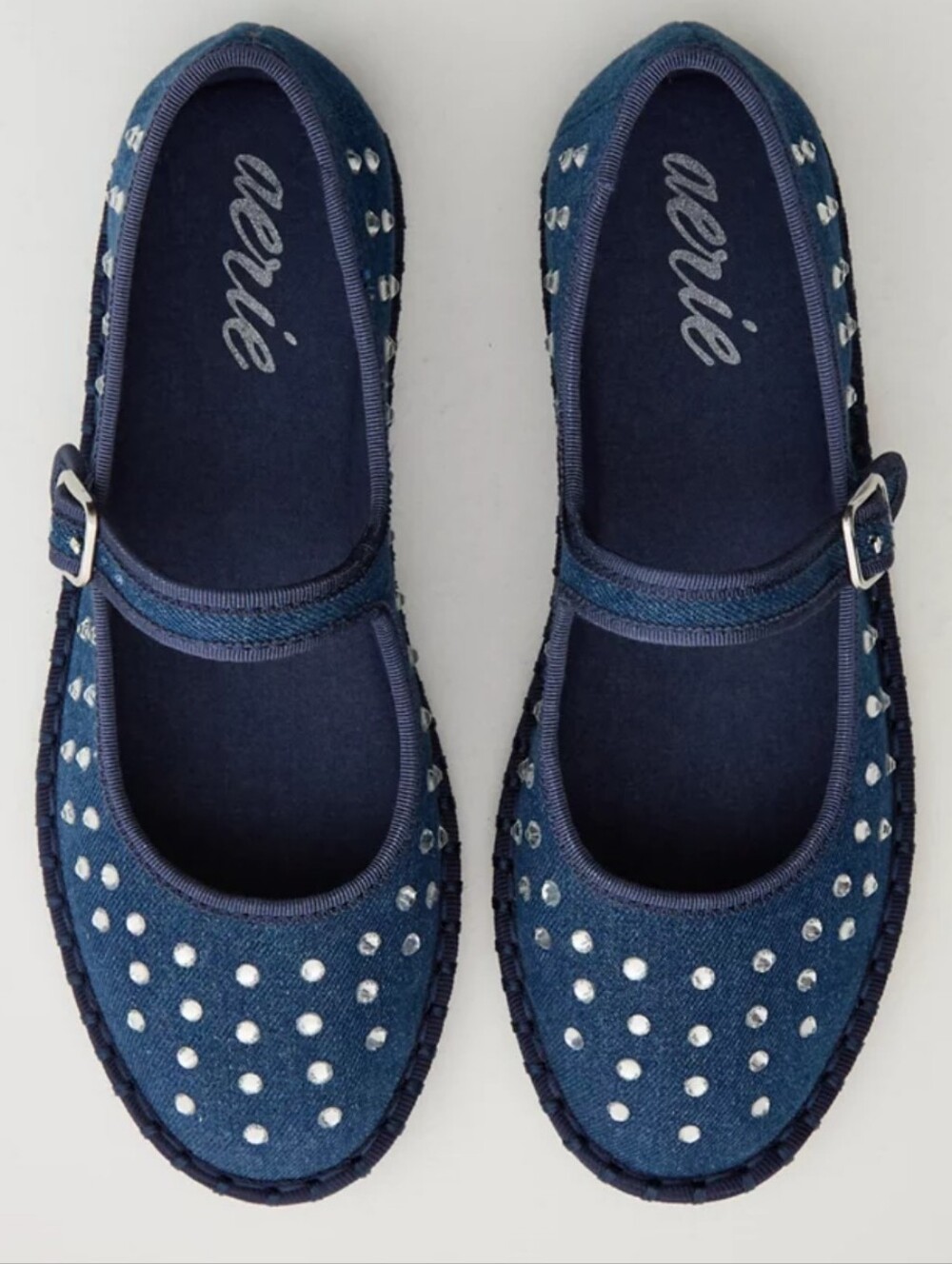 aerie Denim Rhinestone Mary Jane Flats with Buckle Size 8